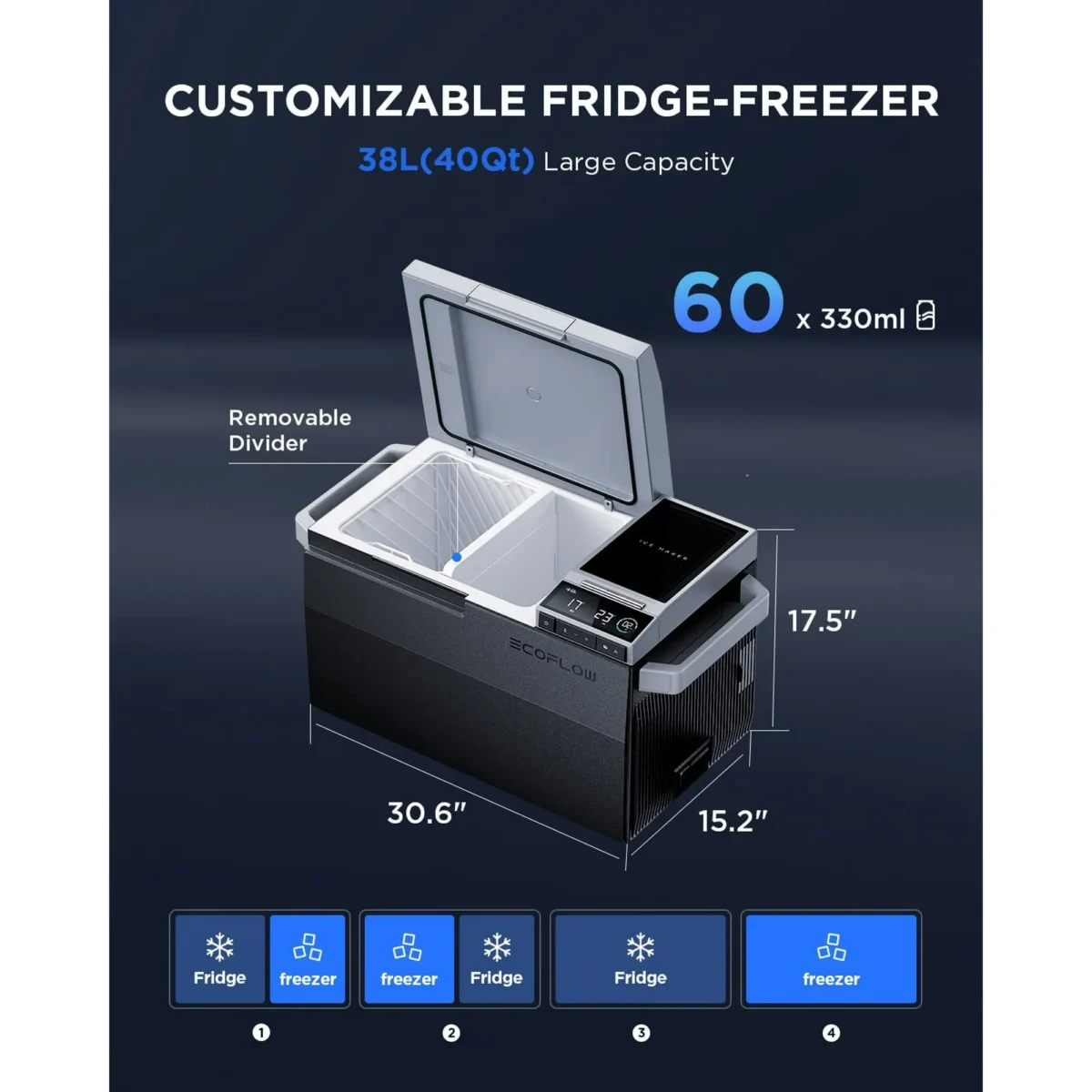 EF EcoFlow GLACIER 40Qt Portable Car Refrigerator with Ice Maker Dual Zone 12/24V DC/AC