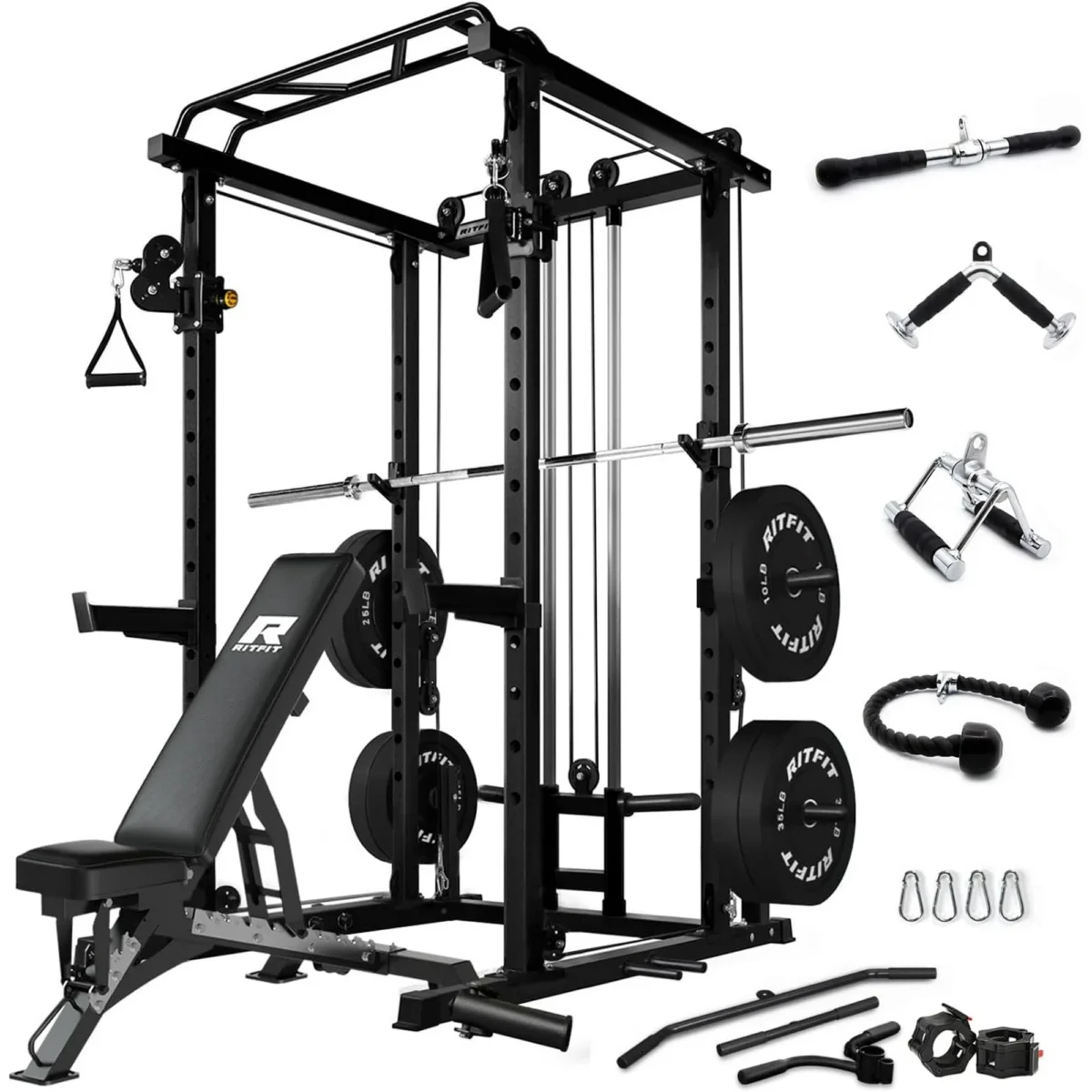 RitFit Multi-Function Squat Rack Power Rack Cage PPC03 with Cable Crossover System, 1000LBS Capacity Weight