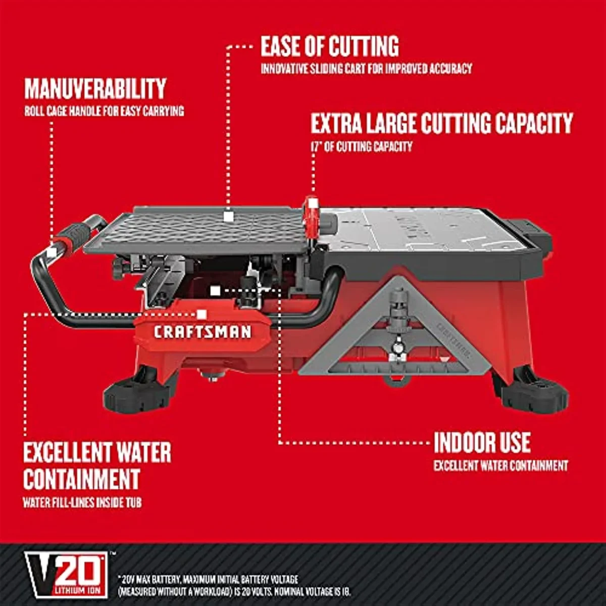 Craftsman V20 20 volt Cordless 7 in. Wet Tile Saw Kit (Battery & Charger)