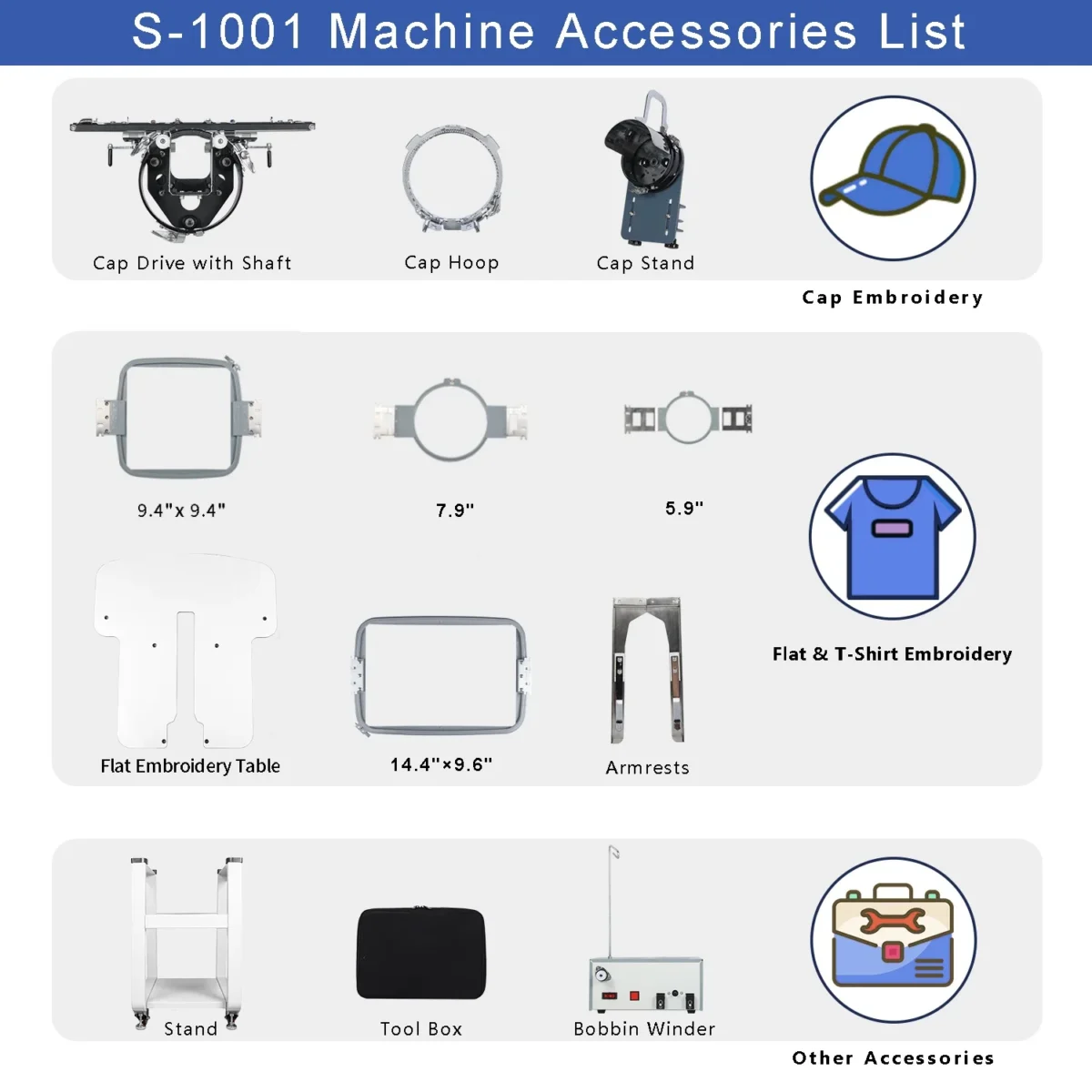 Commercial embroidery machine S1001,10 Needles,Max Speed 1200RPM,Embroidering for Hats and T-shirt